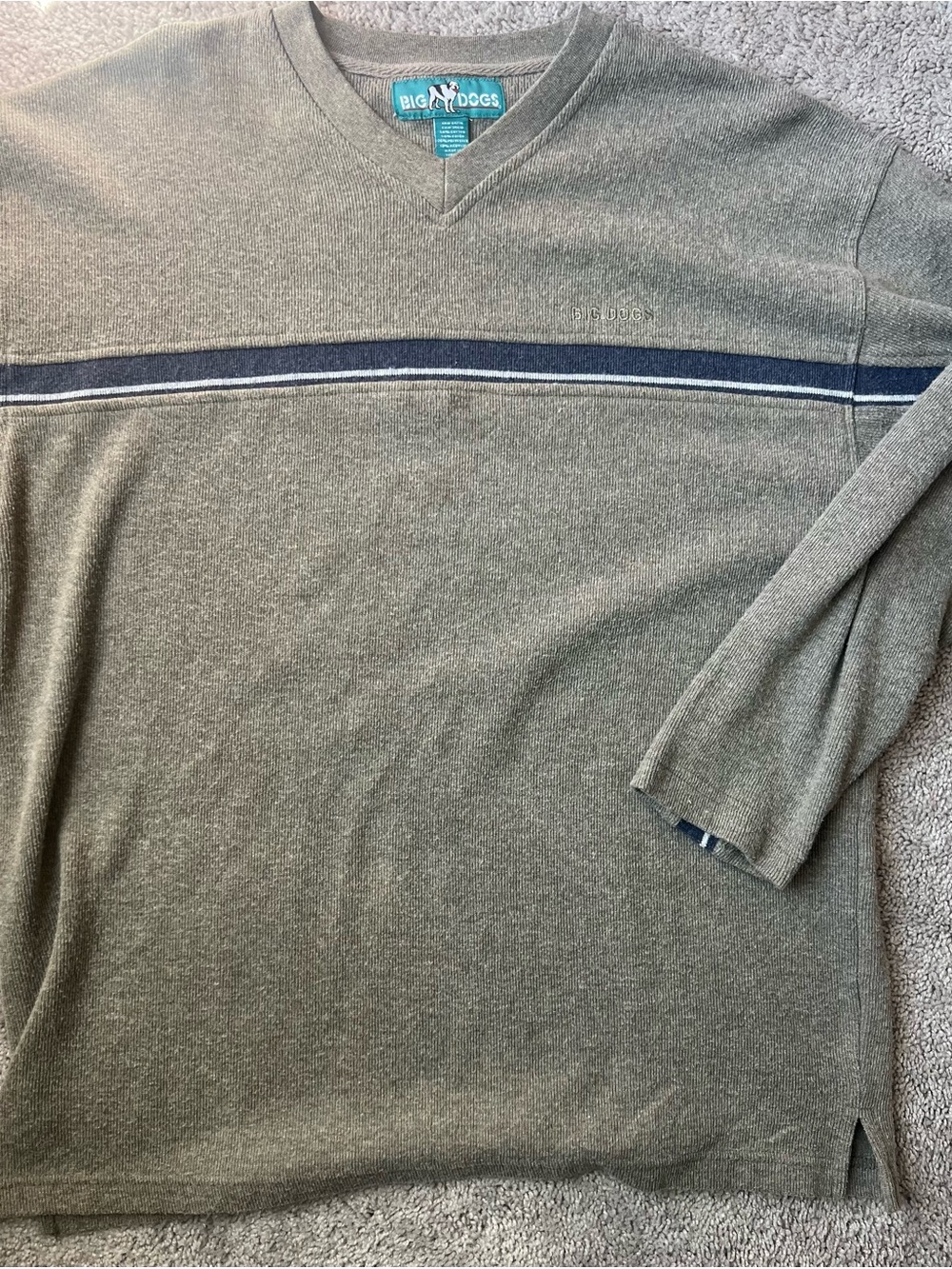 Vintage Y2K Big Dogs Men's Grey V-Neck Sweater with Navy Stripe